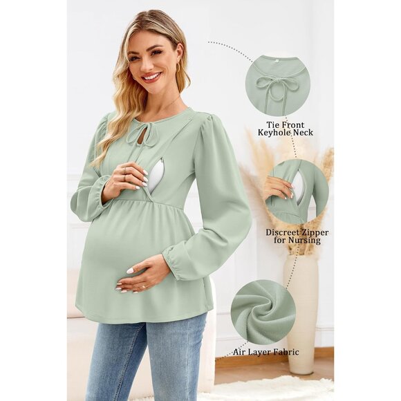 Womens Maternity Nursing Top Puff Sleeve Tie Front Crew Neck Casual Blouse - Picture 6 of 7